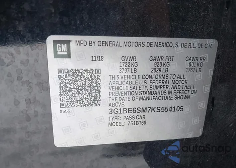 2019 Chevrolet Cruze Lt z USA, uszkodzony, nr VIN 3G1BE6SM7KS554105